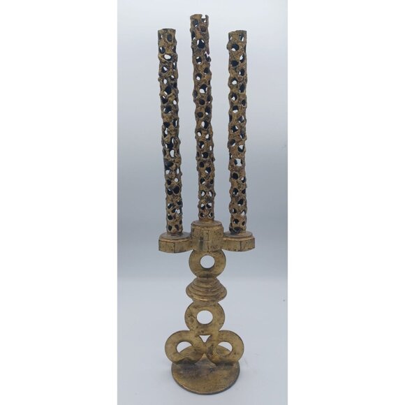 Vintage Gothic Brutalist Steampunk 3 Candle Metal Candelabra Pierced Design 16" - Picture 9 of 12